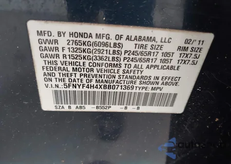 2011 Honda Pilot Ex из США, поврежденный, VIN 5FNYF4H4XBB071369